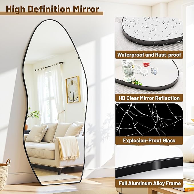 Antok Full Length Mirror, 81"x41" Floor Mirror with Stand, Standing Hanging Leaning Irregular Mirrors for Bedroom Living Room Entryway, Wavy Shaped, Black