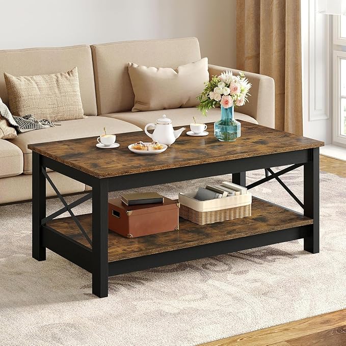 YITAHOME Coffee Tables for Living Room, Modern Farmhouse Coffee Table with Storage, 2-Tier Center Table for Living Room Wood Table Accent Cocktail with Sturdy Frame, Rustic Brown