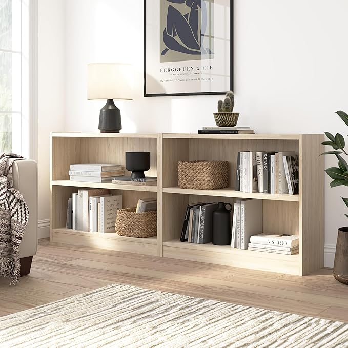 Bush Furniture Universal Small 2 Shelf Bookcase in Natural Elm - Set of 2, Matching Storage and Display Bookshelves for Home Office or Living Room Organization