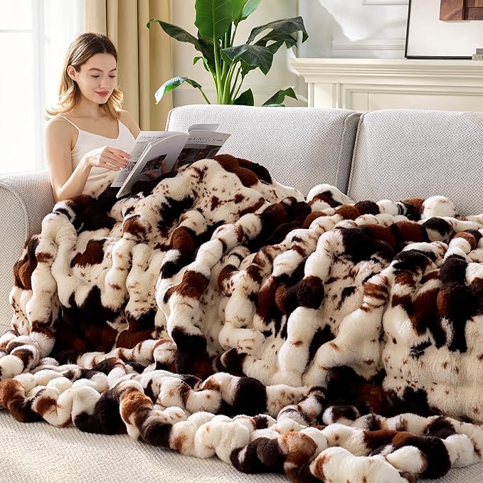 Faux Fur Throw Blanket, 1000GSM Fluffy Soft Bubble Blanket for Couch Bed, Cozy Plush Warm and Thick Blanket, Fuzzy Rabbit Throw for Living Room Bedroom 90''*104'' Cow Brown