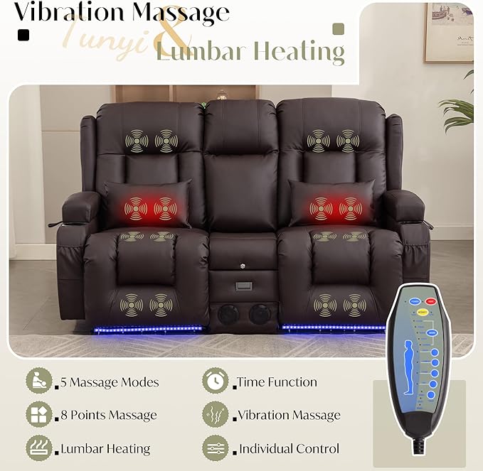 TUNYI Power Loveseat Recliner Sofa, Faux Leather Reclining Sofa with Console RV Reclining Loveseat Couch with USB/Outlet/Storage/Side Pocket/LED Light/Speaker (Brown, Loveseat)