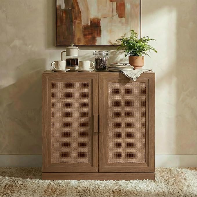 Casaphoria Adam Sideboard Buffet Cabinet with Storage, Sideboard Cabinet with Rattan Doors & Adjustable Shelves, 31" W x 31" H Coffee Bar for Entryway Kitchen Living Room, Walnut