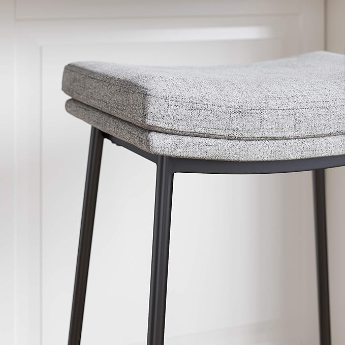 Arlo Modern Backless Upholstered Kitchen Counter Bar Stool with Double-Layered Saddle Seat and Black Metal Base, Grey/Matte Black, Set of 2