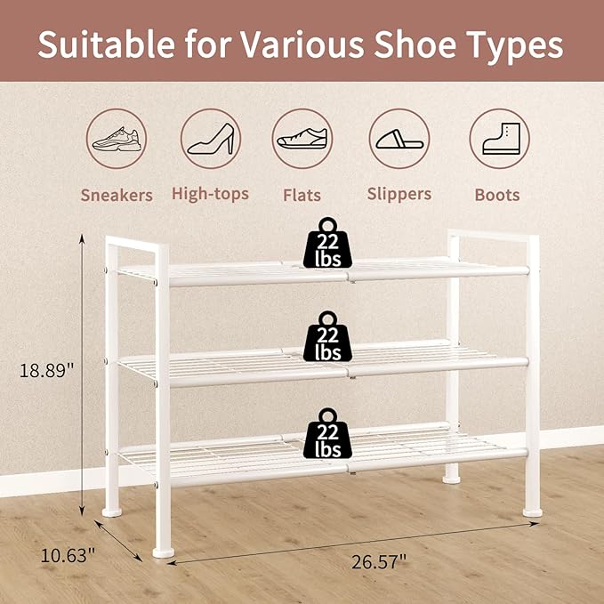 3-Tier Metal Shoe Rack, Sturdy Floor-Mounted Storage Organizer for Closet Entryway Garage Dorm Room, Easy Assembly Multi-Purpose Shelf, White