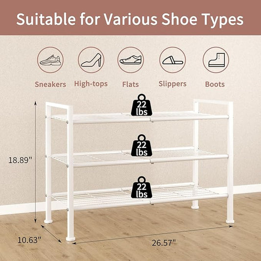 3-Tier Metal Shoe Rack, Sturdy Floor-Mounted Storage Organizer for Closet Entryway Garage Dorm Room, Easy Assembly Multi-Purpose Shelf, White