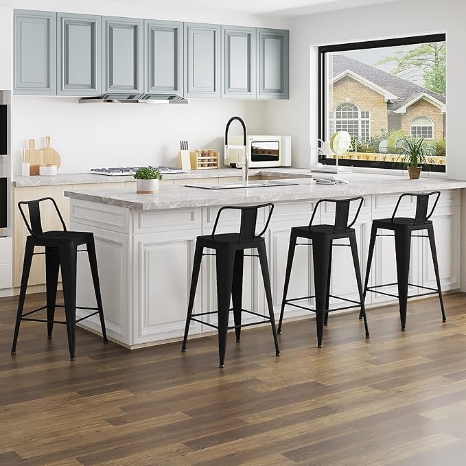 Tongli Metal Bar Stools Set of 4 Barstools Bar Height Bar Stools with Back Industrial Bar Stool Indoor Counter Stool Kitchen Island Stools Modern Bar Chair 30inch Matte Black