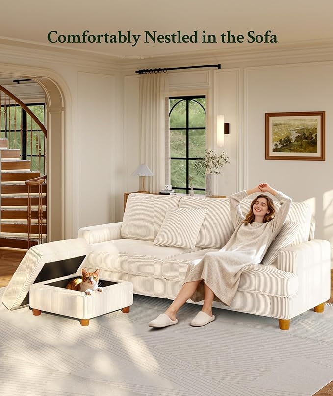 Welzona 25.2" Couches for Living Room, Comfy Beige Ottoman with Storage, Foot Rest Tool-Free Setup, Small Ottoman Foot Rest for Couch, Corduroy Couch for Bedroom, Apartment, Office