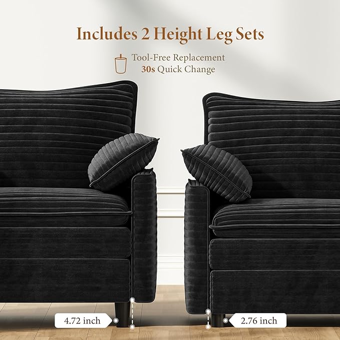 Vesgantti 74" Loveseat Sofa for Living Room, Comfy Cloud Couch Deep Seat Corduroy Modern 2 Seater Small Sofa with Armrest Pillow, Easy Assembly for Small Spaces, Black | Sink-in Comfort, Height Adjustable, Easy Rearrangement, Extra-deep Ottoman, Solid ...