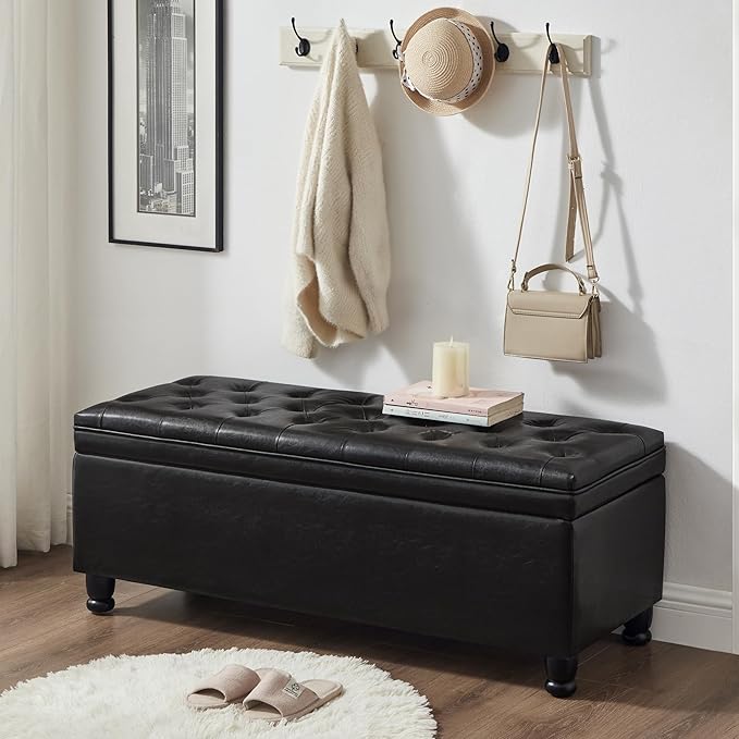 Upholstered Ottoman with Storage,Entryway Bench with Tufted Buttons and Spindle Wooden Legs for Living Room,Bedroom,Black PU