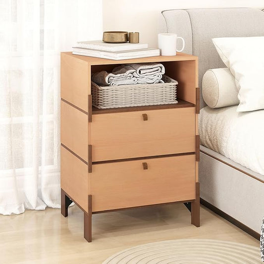 27.8" H End Table, Easy Assembly Bedside Table with 2 Drawers & Open Storage, Wood Night Stand, Side Table, End Table for Bedroom, Dormitory, Beech Color