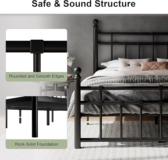 Feonase Full Size Metal Platform Bed Frame with Victorian Classic Iron-Art Headboard & Footboard, Heavy Duty Slats, 12" Under Bed Storage, No Box Spring Needed, Easy Assembly, Noise-Free, Black