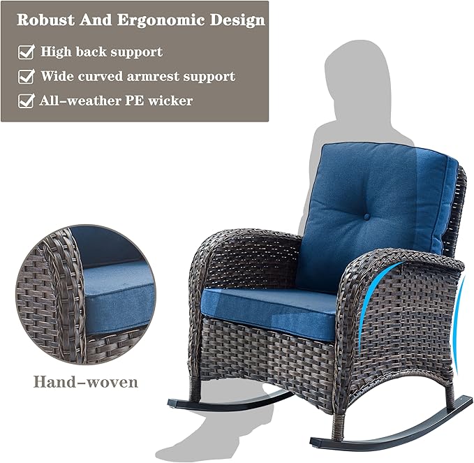 Belord Patio Rocking Chairs Furniture Set of 6, Outdoor Wicker Furniture Sets with Wicker Rocker, Small Patio Conversation Sets with Outdoor Couch Ottomans Brown/Blue