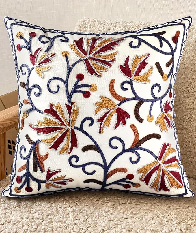 Embroidered Throw Pillow Cover - 18x18 Decorative Pillow Cover with Zipper Aesthetic Cute Design Boho Spring Summer Throw Pillowcase for Living Room Couch Sofa Bed, Fall Flower