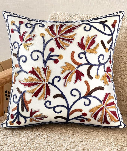 Embroidered Throw Pillow Cover - 18x18 Decorative Pillow Cover with Zipper Aesthetic Cute Design Boho Spring Summer Throw Pillowcase for Living Room Couch Sofa Bed, Fall Flower