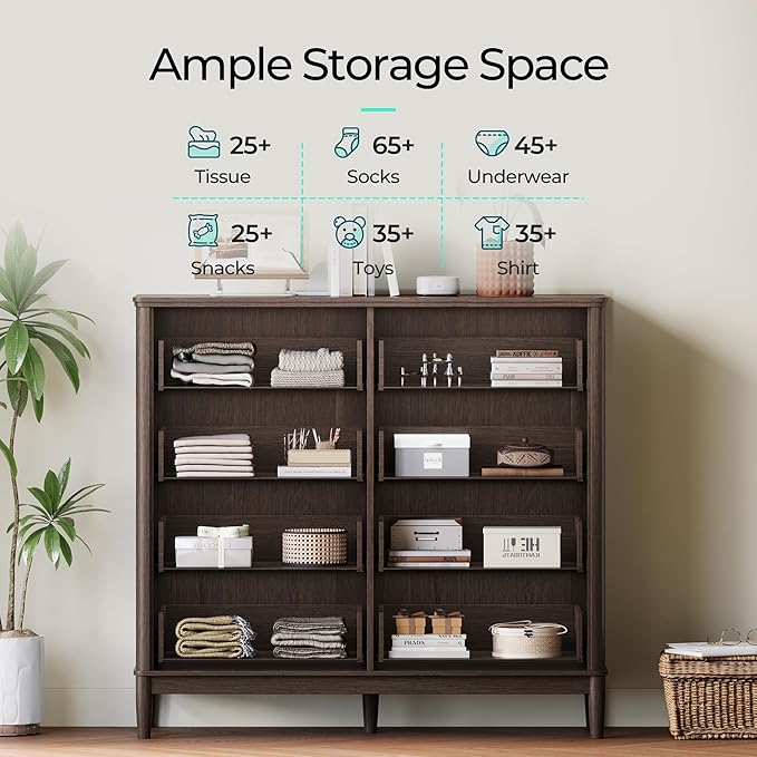 LINSY Rattan 8 Drawer Dresser for Bedroom, 47" Wide Mid-Century Modern Tall Chest of Drawers, Deep Storage Dresser with Curved Corner Design, Large Accent Wood Cabinet for Bedroom, Walnut