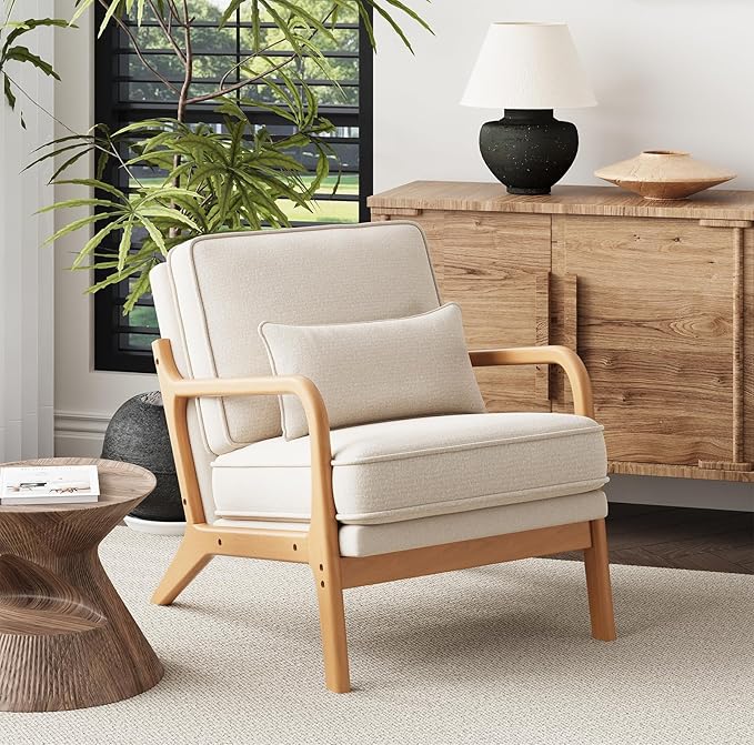 Mid-Century Accent Chair with Solid Wood Frame, Reading Relaxing Armchair Lumbar Pillow& Soft Cushion, Leisure Chair for Living Room, Bedroom, Waiting Room-Beige
