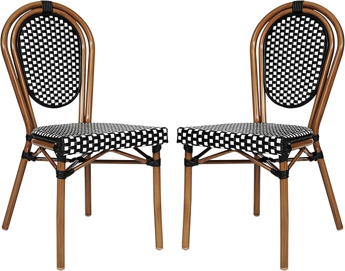 Flash Furniture Lourdes Indoor/Outdoor Commercial Thonet Bistro Stack Chair - Black/White PE Rattan Back and Seat - Natural Bamboo Print Metal Frame - 2 PK