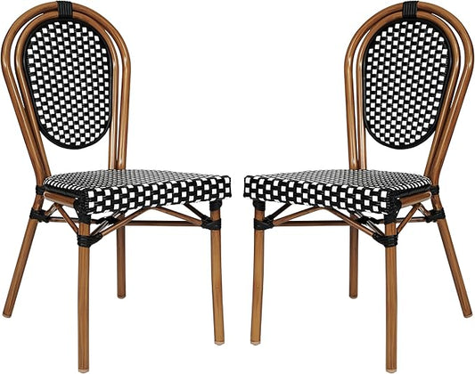 Flash Furniture Lourdes Indoor/Outdoor Commercial Thonet Bistro Stack Chair - Black/White PE Rattan Back and Seat - Natural Bamboo Print Metal Frame - 2 PK