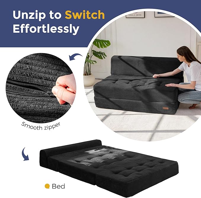 MAXYOYO 8" Folding Sofa Bed, Convertible Sleeper Sofa Lounger Foldable Mattress, Wedge Shape Floor Couch Tufted Fold Out Chair Bed Comfy Floor Couch Lounge for Living Room Bedroom, Loveseat, Black