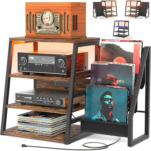 AV Media Stand with Outlets, Stereo Stands and Racks with Vinyl Storage, Stereo Stand with Record Storage, Audio Stereo Rack Cabinet, Turntable Console Stand with LED lights, 4 Tiers, Rustic Brown