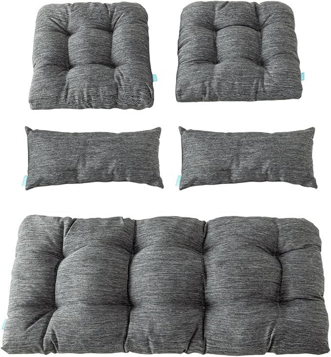QILLOWAY Outdoor Patio Wicker Seat Cushions Group Loveseat/Two U-Shape/Two Lumbar Pillows for Patio Furniture,Wicker Loveseat,Bench,Porch,Settee of 5 (Charcoal Grey/Black)