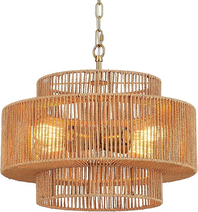 17.7" Boho Rattan Chandelier Light Fixture 4-Light Hand-Woven Bamboo Vintage Farmhouse Chandelier Drum Wicker Golden Chandeliers for Dining Room, Kitchen Island, Bedroom, Foyer