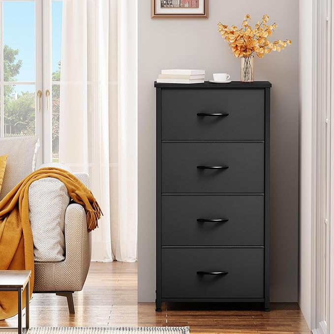YITAHOME Storage Tower with 4 Drawers - Black Fabric Dresser, Organizer Unit for Living Room, Closets - Sturdy Steel Frame, Easy Pull Fabric Bins & Wooden Top