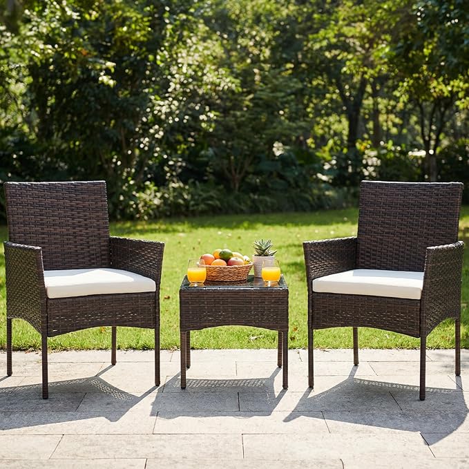 DUMOS 3 Piece Patio Furniture Set, All-Weather Outdoor Wicker Chairs with Removable Cushions & Tempered Glass Table, Small Bistro Set for Porch, Balcony, Lawn, Backyard, Brown