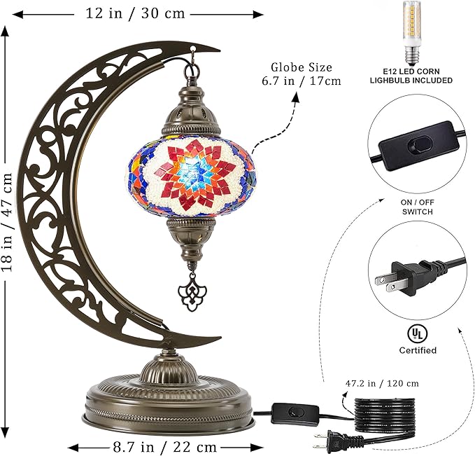 Mozaist Turkish Mosaic Crescent Shape Table Lamp, Moroccan Moon Boho Handmade Desk Light, Farmhouse Rustic Living Room Decorative Lighting, Bedside Nightstand with E12 Socket & US Plug (Multicolor)