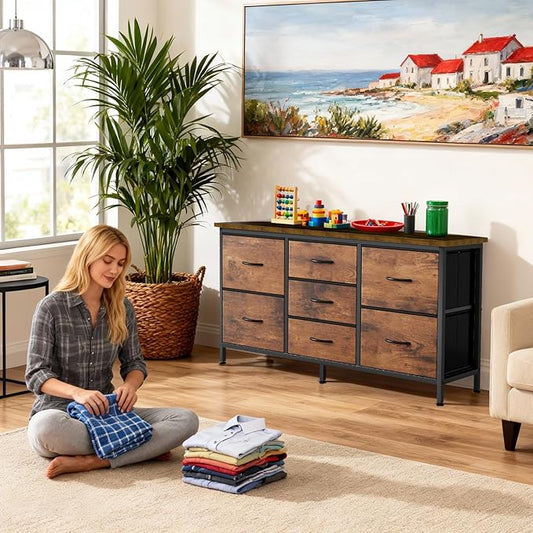 DUMOS TV Stand 7 Drawer Dresser for Bedroom with Storage TV Stands for Living Room Grey, Farmhouse Entertainment Center Media Console Table with Metal Frame Adjustable Feet