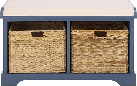 SAFAVIEH Home Collection – Freddy Blue Storage Bench with Seat Cushion, 2 Basket Drawers, Coastal Farmhouse Entryway Design, Fully Assembled (AMH5736K)