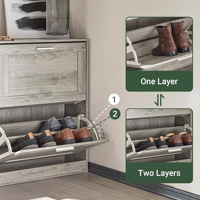 Haotian Enclosed Shoe Rack for Entryway, Narrow Shoe Cabinet with 2 Flip Drawers, Slim Shoe Storage Organizer for Hallway or Small Spaces, Grey, FSR137-HG