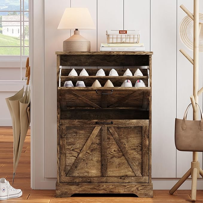 Semiocthome Farmhouse Shoe Storage Cabinet with 2 Flip Drawers, 23.6"(W) Freestanding Shoe Organizer with Barn Door and Metal Handles for Entryway, Corner Narrow Shoe Rack Cabinet - Rustic Brown