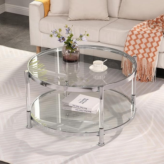 Tempered Glass Round Coffee Table, 28" Modern Acrylic Legs Circle Center Table for Living Room