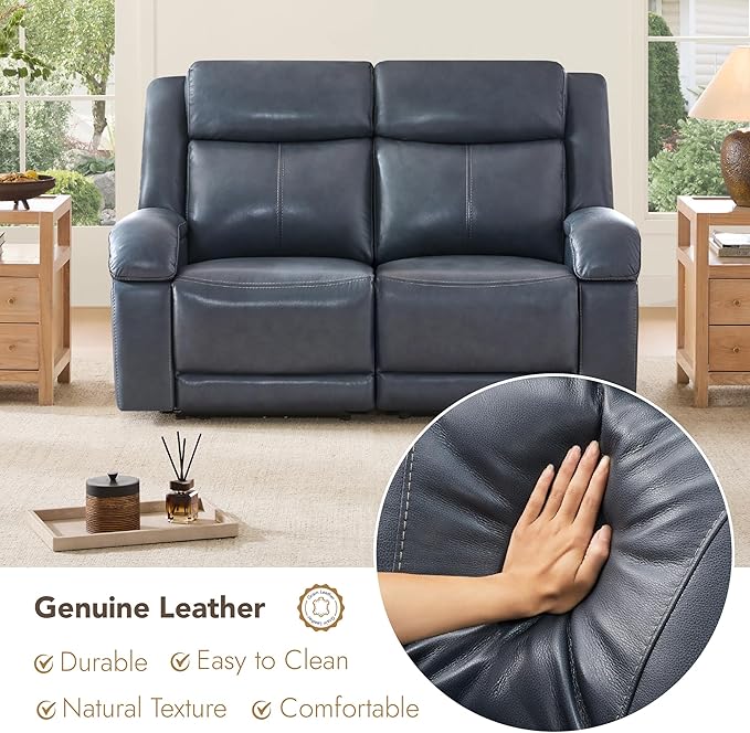 Watson & Whitely Genuine Leather Power Loveseat Recliner Sofa, 2 Seat Wall Hugger Reclining Sofa with Power Headrest & Charging Ports, Dual Recliner Sofas for Living Room, RV, Navy Blue