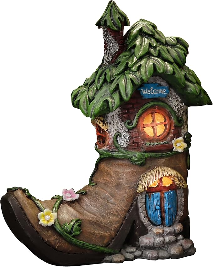 TERESA'S COLLECTIONS Boot Fairy House Garden Statues with Solar Outdoor Light for Garden Decor, Resin Fairy Garden Accessories Outdoor, Home Decorations Lawn Ornaments Yard Decor Gifts for Mom, 6"
