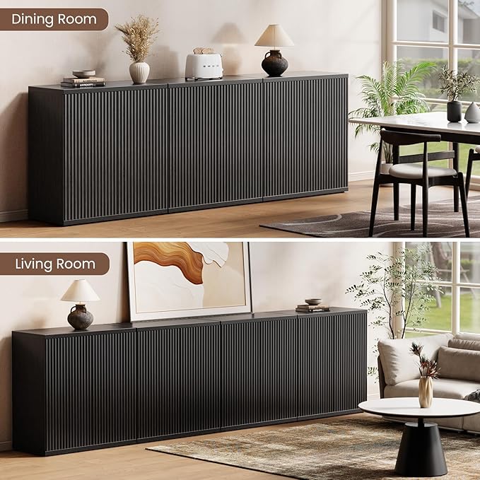Fluted Buffet Cabinet Sideboard with Storage, Wooden Credenza with 2 Doors & Adjustable Shelf, Modern 15" Deep Accent Cabinet for Living Room, Kitchen Dining Room Entryway,Black