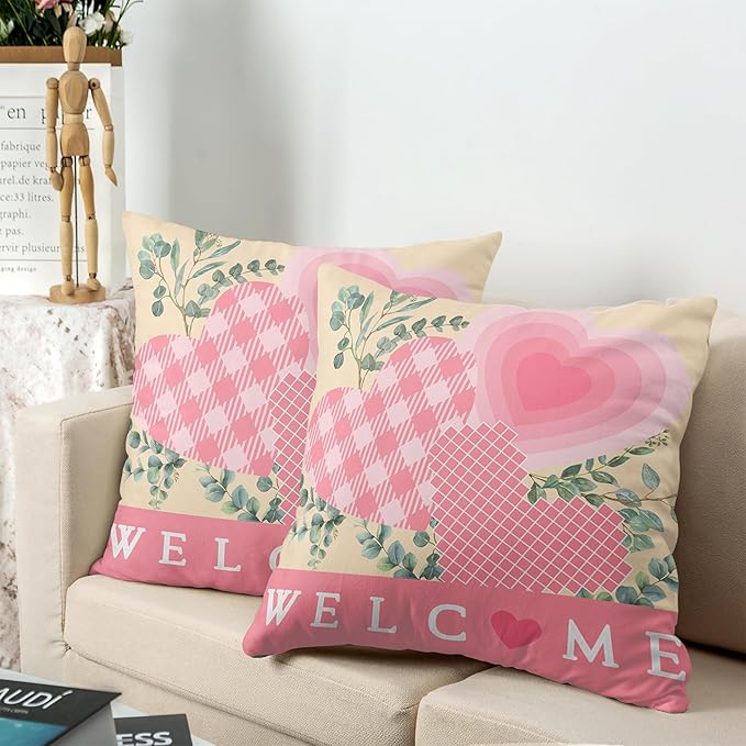 Valentine Day Pillow Covers 20x20 Set of 2 Valentines Day Pink Heart Throw Pillow Covers Pink Hearts with Eucalyptus Decoarative Pillow Case Cushion Case for Couch Sofa