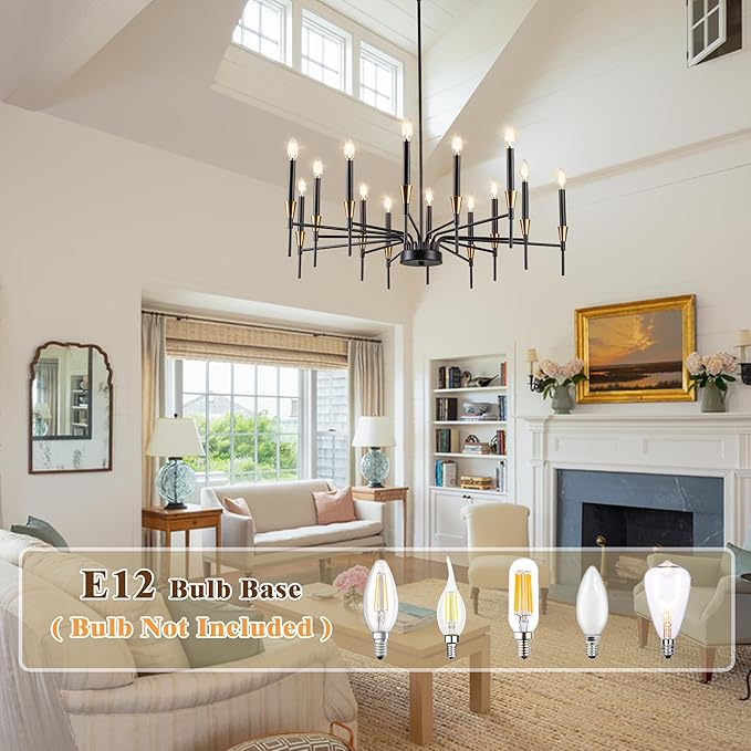 Black and Gold Farmhouse Chandelier 14 Light Large Candle Chandelier for Bedroom 31.5IN Black Chandeliers for Dining Room, Living Room, Foyer, Large Chandeliers for High Ceilings Height Adjustable