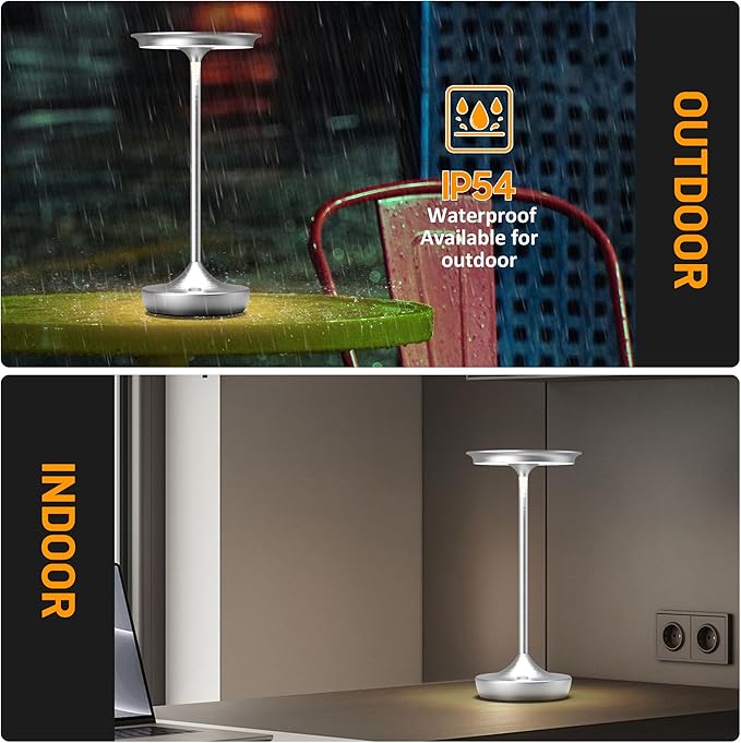 YHT Cordless Table Lamps Rechargeable, 6000mAh Battery Operated Portable LED Waterproof Lamp, 3 Color Stepless Dimming Light with Memory Function for Outdoor Dinning Patio Restaurant (Sliver 1Pack)