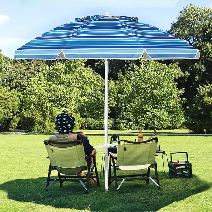 Aoxun 8 FT Beach Umbrella with Tilt Pole, Portable Sand Anchor and Carry Bag, UPF 50+ Sun Shelter Air Vents Design for Outdoor (Navy Blue & White)