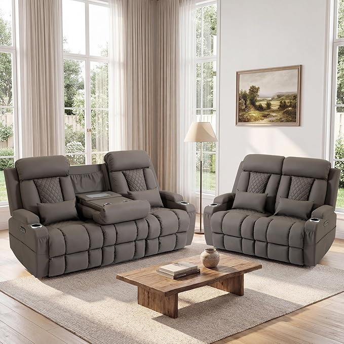 2-Piece Power Reclining Sofa Set, 3-Seater Sofa with Drop-Down Console & 2-Seater Loveseat, Zero Wall Hugger Electric Recliner Couch with Adjustable Headrest, AC Outlets (Brown, 3+2 Set)
