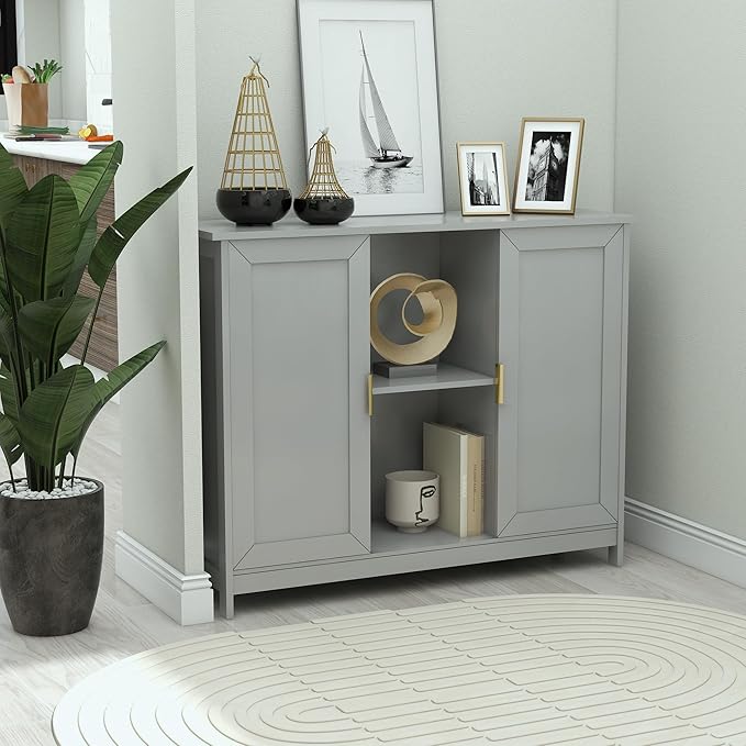 TaoHFE Grey Kitchen Pantry, Modern Wooden Small Credenza Sideboard Coffee Station, Storage Small Cabinet with Doors and Shelves for Kitchen