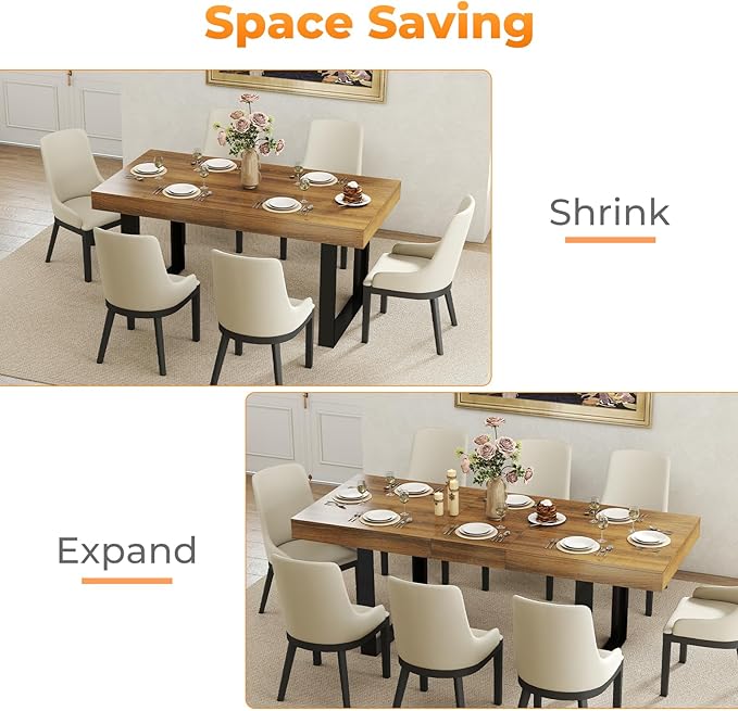 63"-78.7" Expandable Dining Table, 6-8 Extendable Dining Table, Rectangle Conference Table, Farmhouse Kitchen Table with Slide Track, Tapered U-Shaped Wood Legs for Office, Living Room-Brown