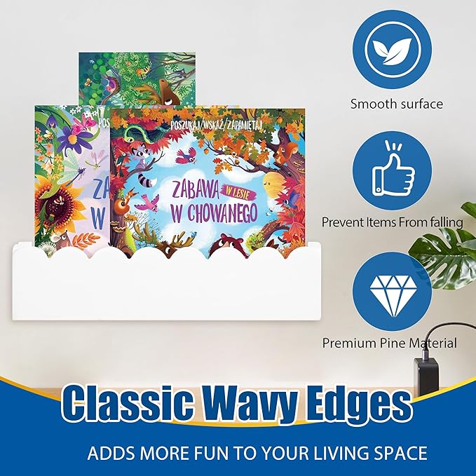 Wood Floating Shelves for Wall,Nursery Bookshelf,Kids Book Shelf,Baby Toys Storage Decor Organizer Wall Mounted for Living Room Bedroom,Wavy Edge,Preassembled,4 Pack,Scalloped Pine(White)