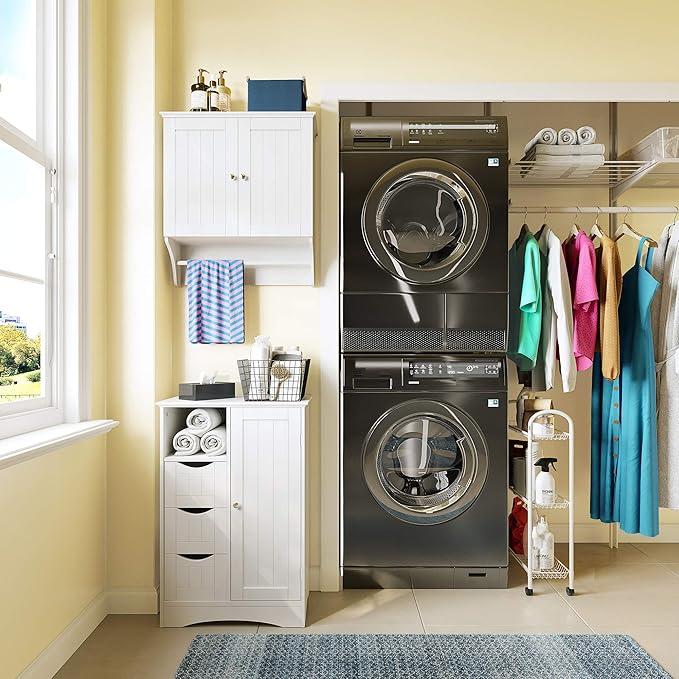 RiverRidge Ashland Bathroom Storage Cabinet with 3 Drawers, Adjustable Shelf & Beadboard Styling - White Bathroom organizer - Freestanding Storage Cabinet