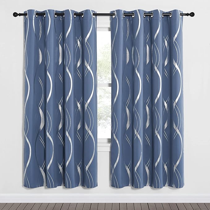 NICETOWN Blackout Curtains Panels for Bedroom - Microfiber Noise Reducing Thermal Insulated Wave Line Foil Print Design Drapes for Patio Sliding Glass Door (Stone Blue, 2 Panels, 52 x 72 Inch)