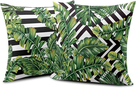 Tropical Green Leaves Throw Pillow Covers 18x18 Set of 2 Summer Palm Tree Pillow Cases Geometric Black and White Square Decorative Pillow Covers Modern Home Decor for Sofa Bed