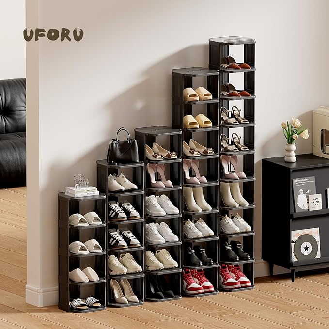 Small Shoe Rack, 7 Tier Plastic Vertical Shoe Rack for Small and Narrow Spaces, Free Standing Shoe Organizer for Closet, Entryway (Black)