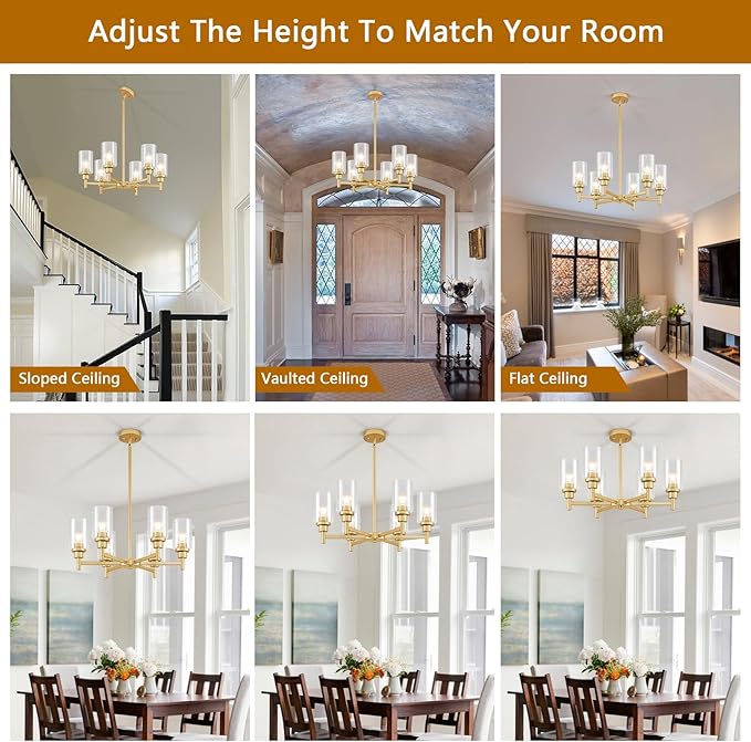Modern Gold Chandeliers for Dining Room, 6-Light Chandelier Light Fixture with Clear Glass Shades, Metal Hanging Pendant Lighting for Living Room, Kitchen, Staircase, Entryway